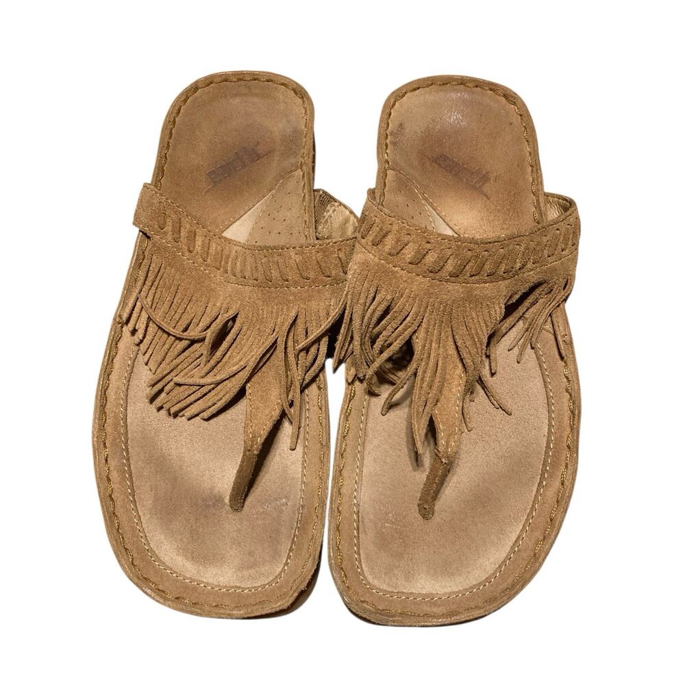 Kalso Earth Nature Brown Suede Fringe Thong‎ Sandals Women's Size 7 Men's 5